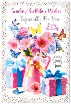 a birthday card with flowers , gifts and butterflies on it .
