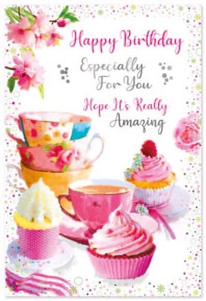 a birthday card with cupcakes and tea cups on it .