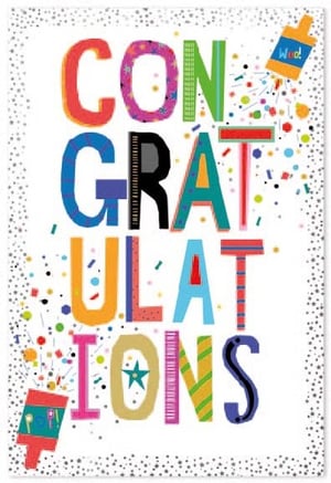 a congratulations card with colorful letters and confetti