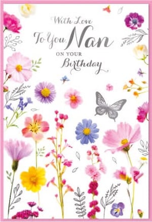 a birthday card with flowers and a butterfly on it .