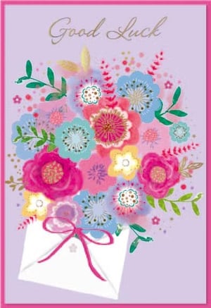 a good luck card with a bouquet of flowers in an envelope .