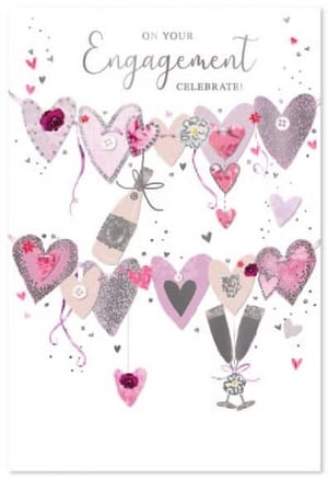 a congratulations card for an engagement with hearts , champagne bottles and glasses .