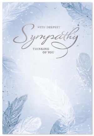 a sympathy card with feathers on a blue background .