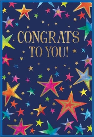 a congratulations card with colorful stars and the words congrats to you