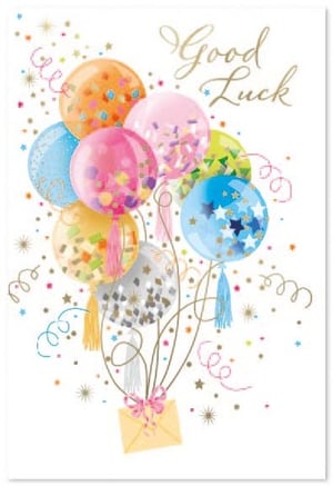a good luck card with a bunch of balloons and confetti .