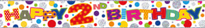 A happy 2nd birthday banner in blue and silver is on a white background.