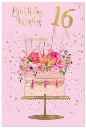 a birthday card for a girl with a cake and flowers on it .