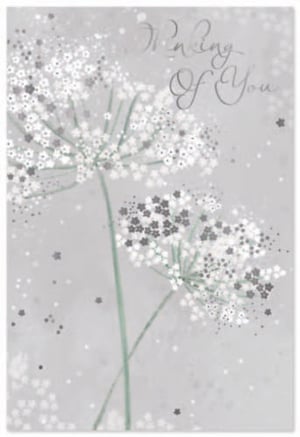 a greeting card that says ' thinking of you ' on it