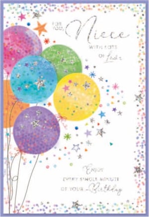 a birthday card for a niece with balloons and stars
