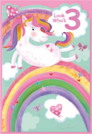 a birthday card for a girl with a unicorn on a rainbow .