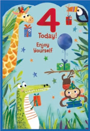 a 4th birthday card with a giraffe , crocodile , monkey , and balloon .