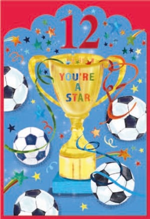 a birthday card with soccer balls and a trophy that says you 're a star
