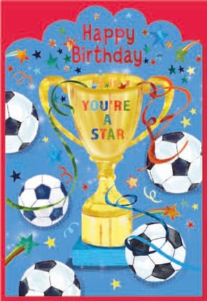 a birthday card with soccer balls and a trophy that says " you 're a star "