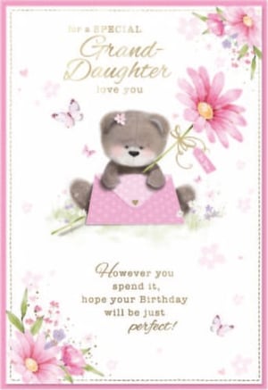 a birthday card for a special granddaughter with a teddy bear holding a flower in an envelope