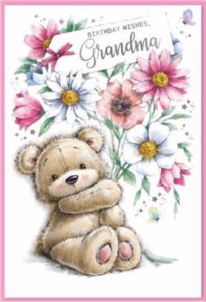a birthday card for grandma with a teddy bear holding flowers