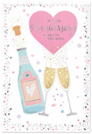 a anniversary card with a bottle of champagne and two glasses of champagne