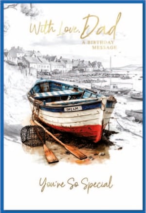 a birthday card for a dad with a boat on the beach