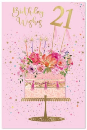 a pink birthday card with a cake and flowers on it .