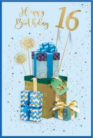 a blue and gold birthday card for a 16 year old