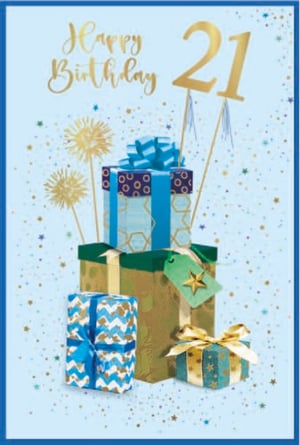 a blue and gold birthday card for a 21 year old