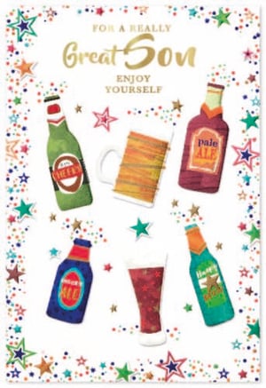 a birthday card for a great son with beer bottles and glasses on it .
