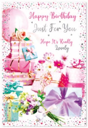 a birthday card with a stack of gifts and a bouquet of flowers .