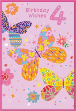 a pink birthday card with colorful butterflies and flowers