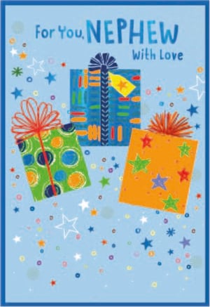 a birthday card for a nephew with gifts and stars