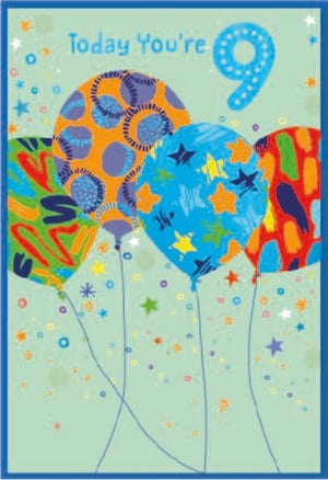 a birthday card with balloons and the number 9 on it