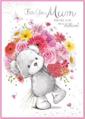 a mother 's day card with a teddy bear holding a bouquet of flowers .
