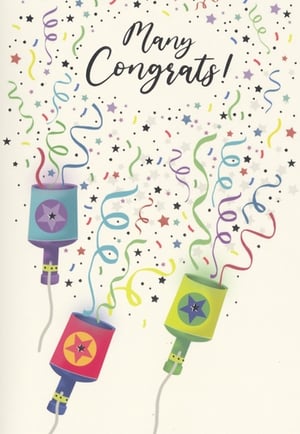 A congratulations card with fireworks and stars on it.