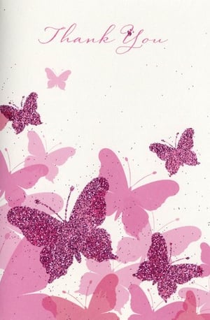 a thank you card with pink butterflies on a white background