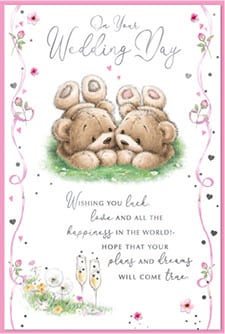 two teddy bears are sitting next to each other on a wedding day card .