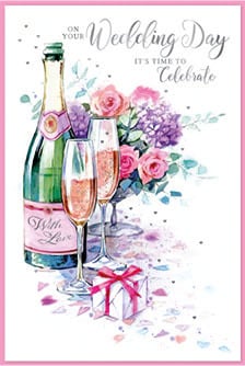 a wedding day card with a bottle of champagne and two glasses