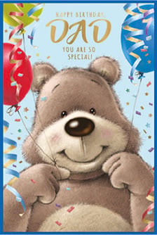 a happy birthday card for dad with a teddy bear holding balloons