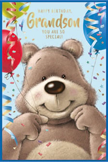 a birthday card for a grandson with a teddy bear and balloons