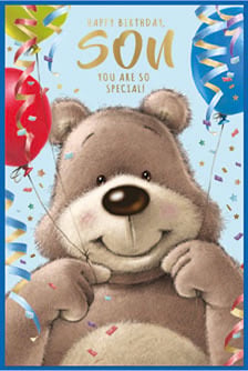 a birthday card for a son with a teddy bear and balloons