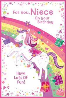 a birthday card for a niece with a unicorn and a rainbow .
