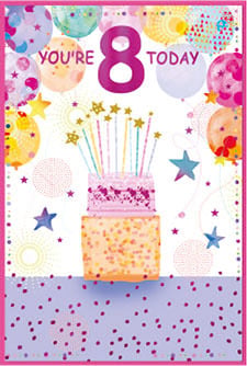 a birthday card with a cake and balloons that says you 're 8 today