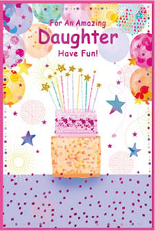 a birthday card for an amazing daughter with a cake and balloons