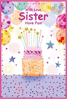 a birthday card for a sister with a cake and balloons