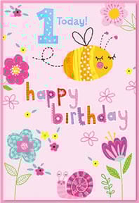 a pink birthday card with a bee and snail on it