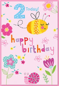 a pink birthday card with a bee and snail on it