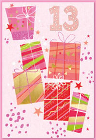 a pink birthday card with gifts and the number 13