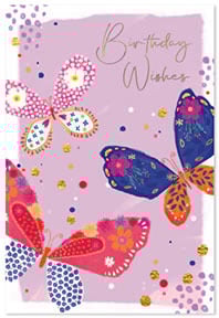 a birthday card with colorful butterflies on a purple background