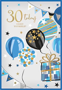 a 30th birthday card for a man with balloons and a gift .
