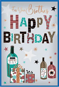 a birthday card for a brother with wine bottles and gifts