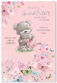 a birthday card for a very special nan with a teddy bear holding a watering can .