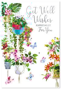 a get well wishes card with hanging potted plants and butterflies .