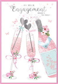 a pink engagement card with two glasses of champagne and a bottle of champagne .
